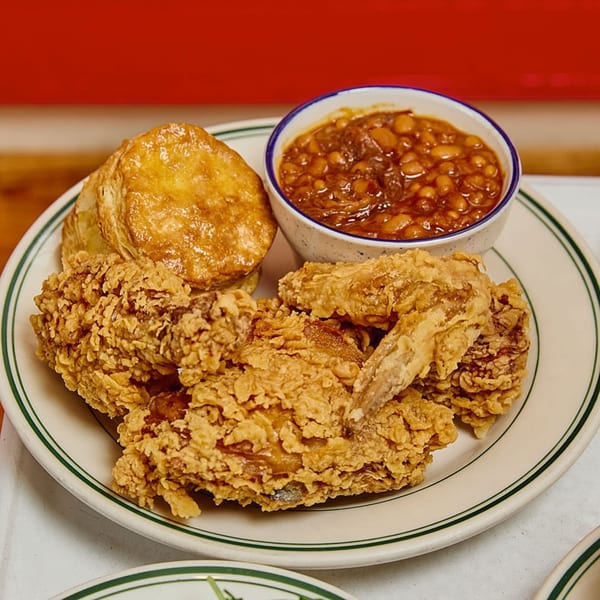 Pies 'n' Thighs fried chicken, biscuit, and baked beans on a white plate with green trim.