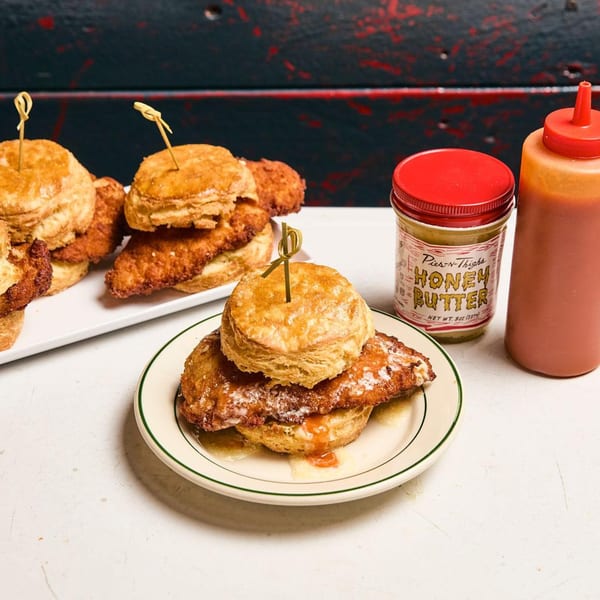 Pies 'n' Thighs fried chicken biscuits with honey butter and hot sauce.